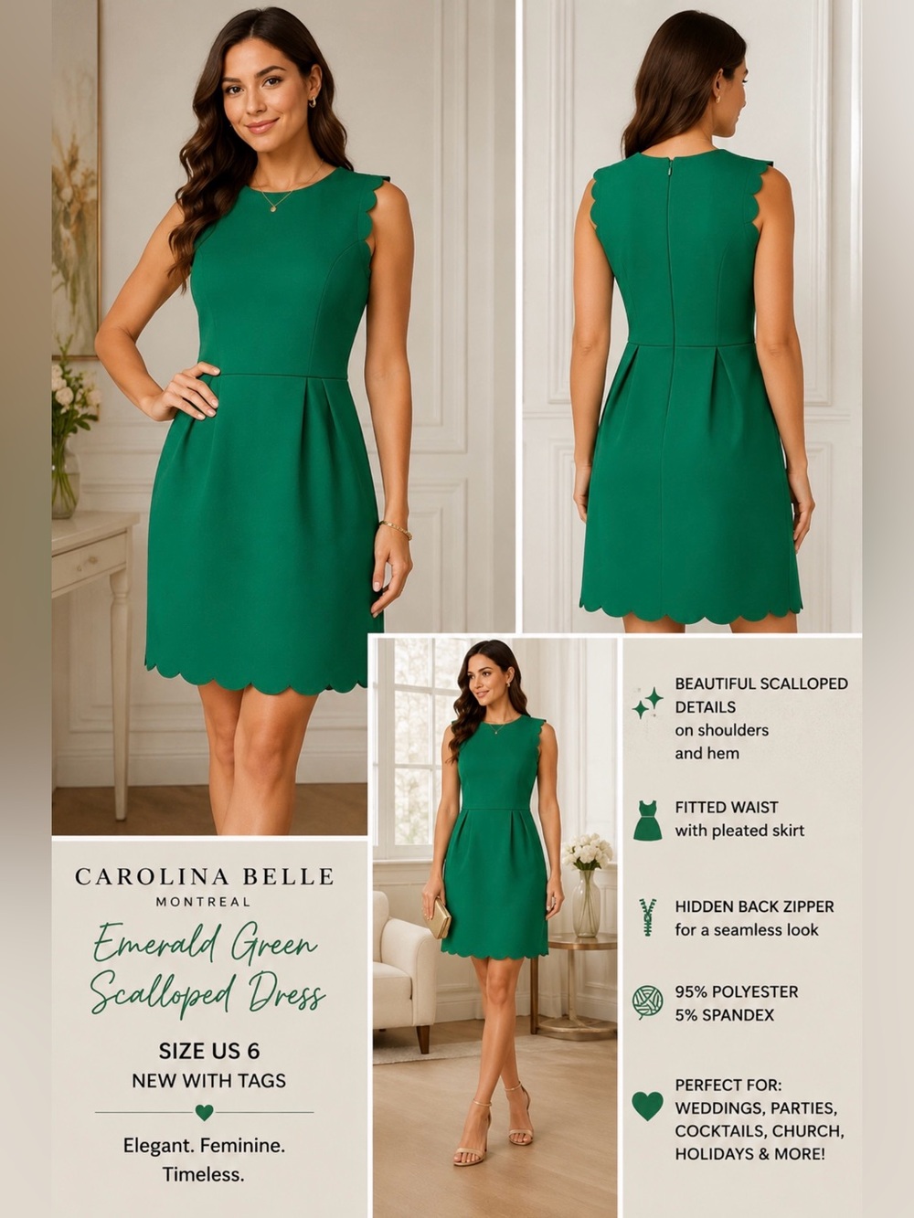 Carolina Belle Green Scalloped Sleeveless Sheath Dress Size 6 NWT